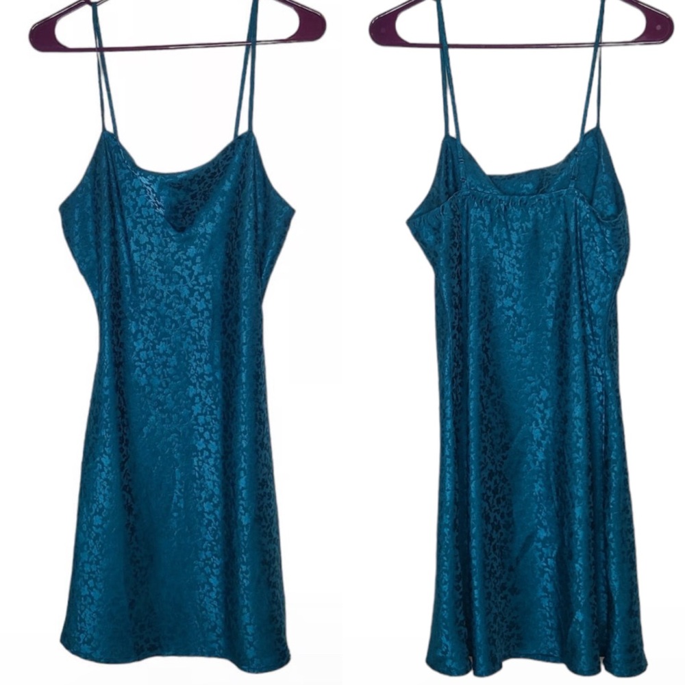 ALTAR’D STATE Satin Slip Dress Teal Floral Jaquard 90s Paulie Size Large